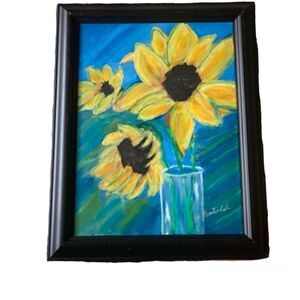 Original Painting Still Life 3 Sunflowers in Vase Framed 11x14 Canvas Floral Art